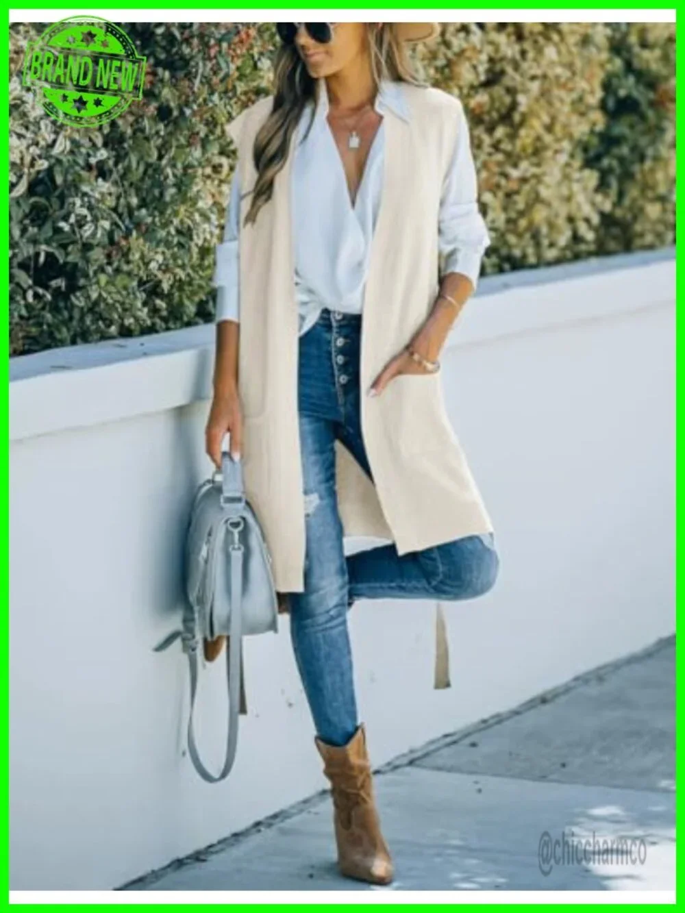 Long Open Front Sweater Vest with Pockets and Self Belt